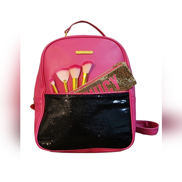 Juicy Couture Pink Blk Sequins Backpack, Gold Glitter Makeup Bag & Brushes - Picture 2 of 10